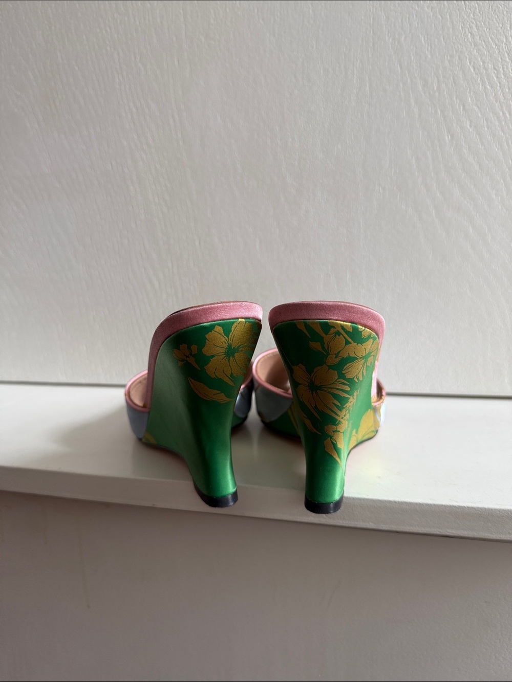 Cynthia Rowley Green and Silver Floral Satin Mules - Picture 6 of 8